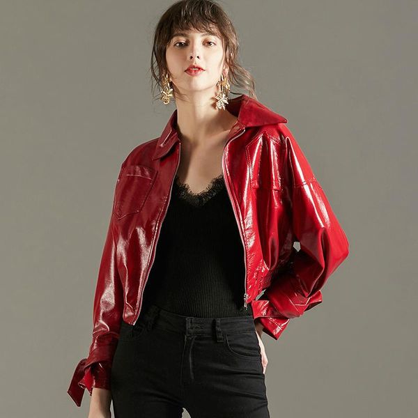 

short loose high waist motorcycle bright leather jacket solid color punk jackets for women autumn fashion wild coats women's, Black;brown