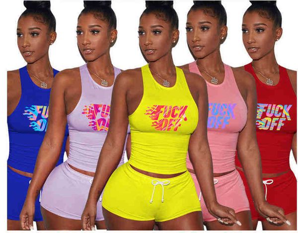 

womens 5 color casual 2021 tracksuit tracksuits solid letter printed vest sports shorts set two-piece summer women clothing, Gray