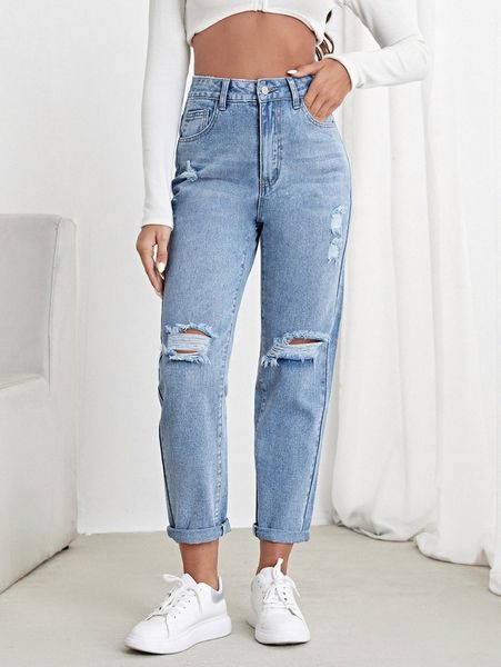 

high waisted ripped light wash jeans d1w3#, Blue