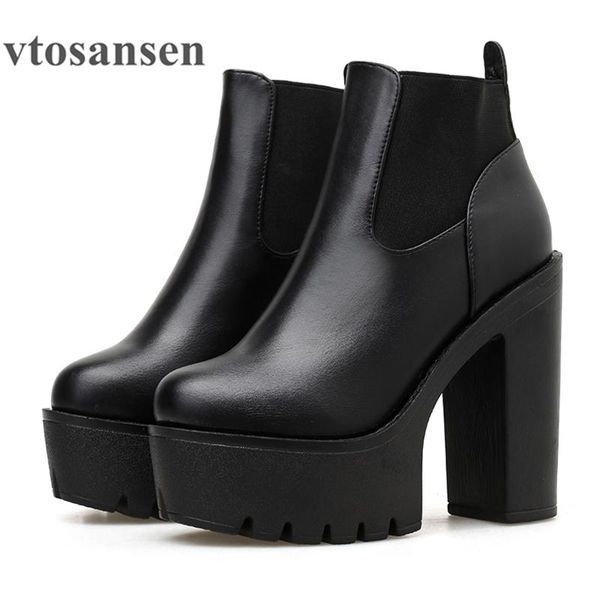 

boots shoes black leather womens spring autumn basic solid color ladies high heeled platform square heel model party