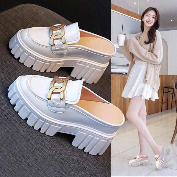 

slippers leather closed toe half women summer 2021 fashion thick bottom internet celebrity lazy sandals shoes, Black