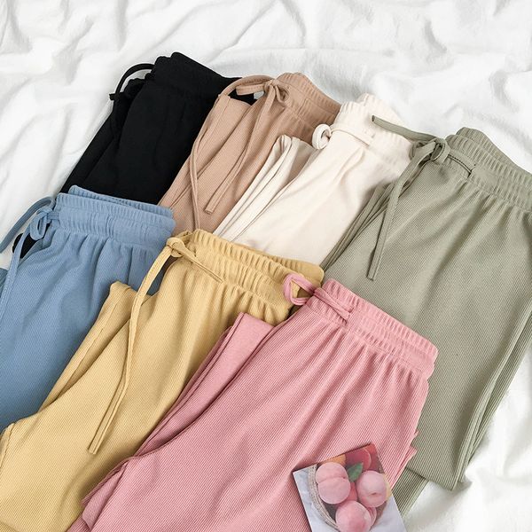 

women's two piece pants korean spring summer drawstring women flat knit casual loose wide leg female long trousers high waist ol c, White