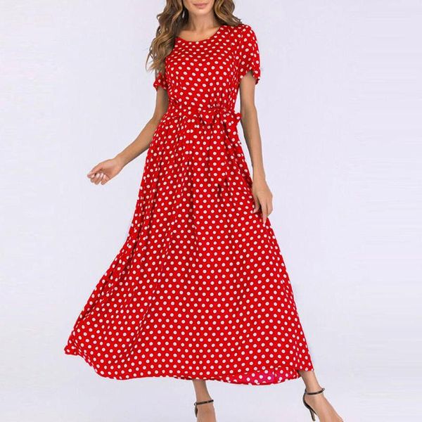 

maternity dresses boho women long dress o-neck short sleeve beach robe polka dot print bandage maxi summer kobieta sukienka vestido de mujer, White