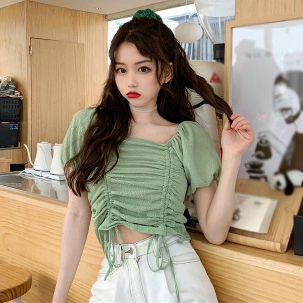 

women's blouses & shirts fashion square collar slim women drawstring chiffon blouse puff sleeve, White