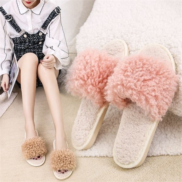

house women curly fur slippers chic open toe bedroom ladies plush shoes indoor warm girls flat fluffy slippers y1120, Black