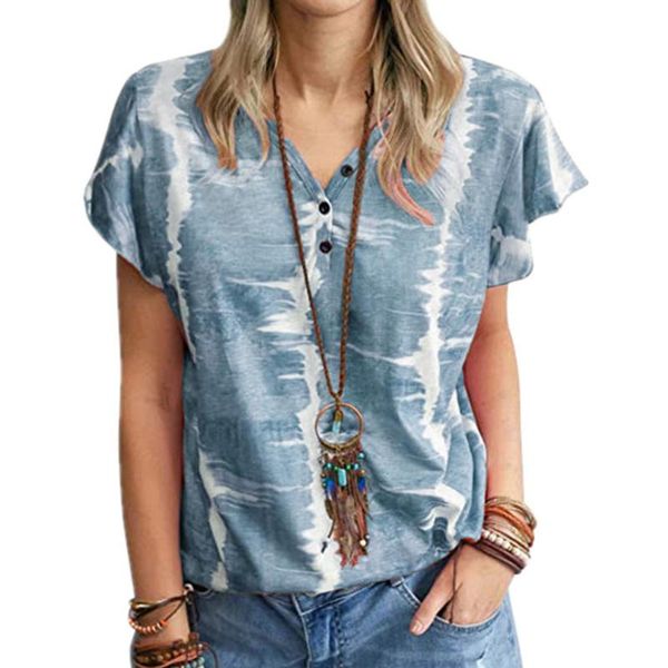 

women's t-shirt 2021 v-neck short-sleeved t shirt gradually dyed printed summer oversize loose fashion buttoned women, White