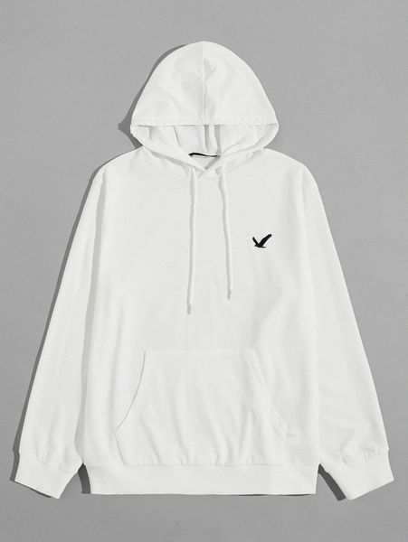 

men embroidery bird patch pocket drawstring hoodie f314#, Black