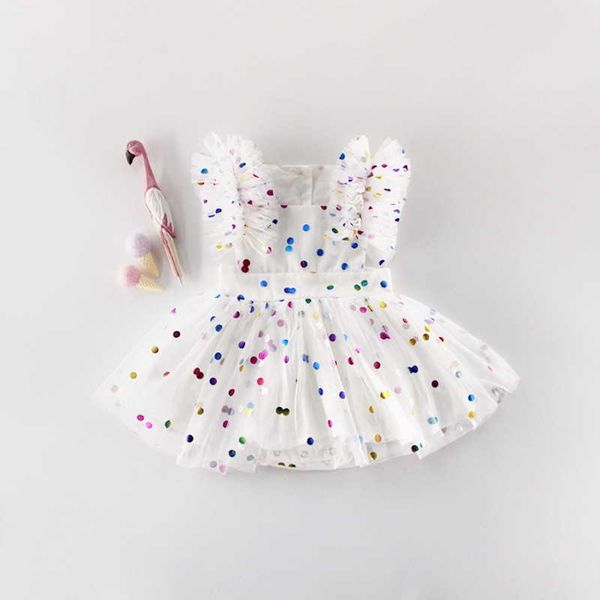 

retail summer baby girl princess dress glitter colorful polka dot guze overalls kids clothing e81016 210610, Red;yellow