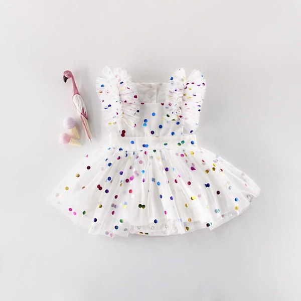 Varejo Verão Bebé Princesa Vestido Glitter Colorido Polka Dot Guze Macacões Miúdos Roupas E81016 210610