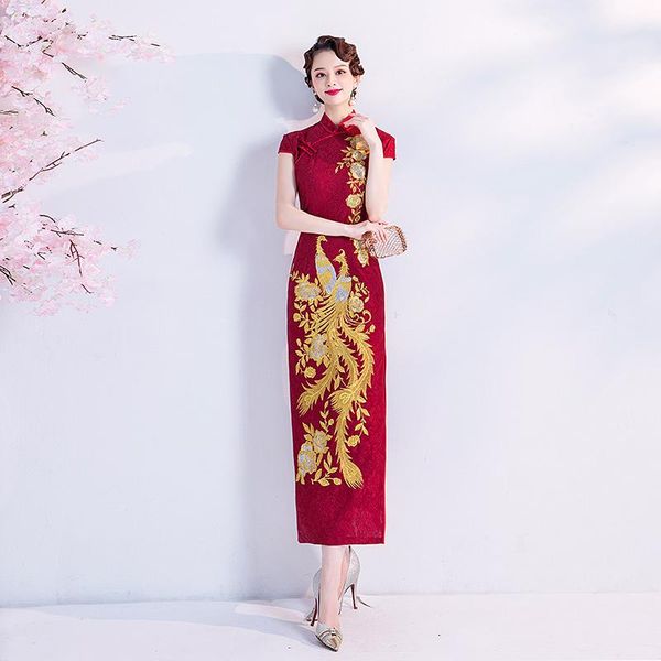 

ethnic clothing red mandarin collar floral cheongsam lady plus size 3xl-5xl satin qipao bride wedding chinese dress gown slim vintage vestid