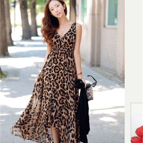 

dresses 2021 wind leopard beach skirt holiday chiffon dress, Black;gray