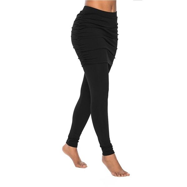 

women's leggings running pants fashion women wrap folding hip side pleated skirt fake two pieces slim skirted high waist, Black