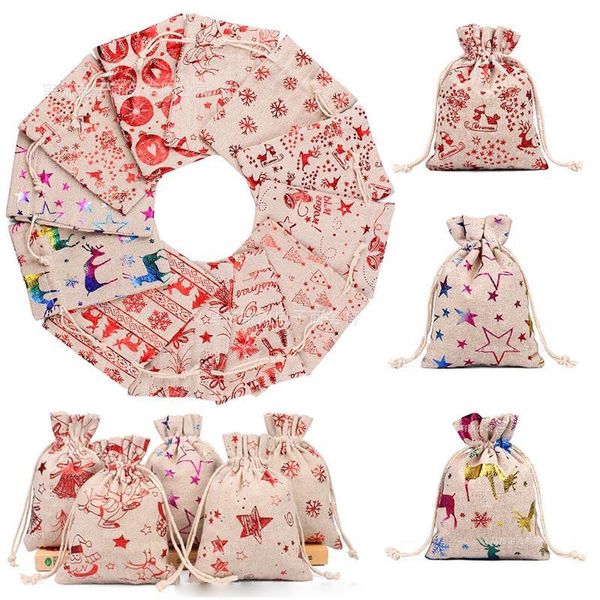 13*18cm Sacchetto regalo di Natale stampato Confezione regalo Sacchetti di stoffa in cotone di lino cotone per involucri di caramelle Forniture per bomboniere per feste di compleanno