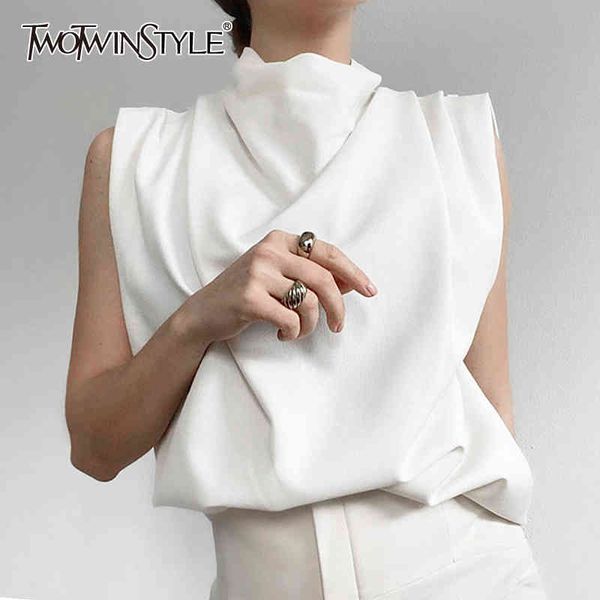 

csaual women t shirt turtleneck sleevelss ruched loose minimalist t-shirt for female fashion clothing spring 210524, White