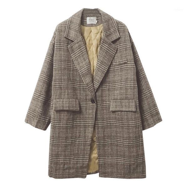 

women's wool & blends fashion korean thick plush plaid coats loose lapel mid-length long office lady casual commute outcoats single but, Black