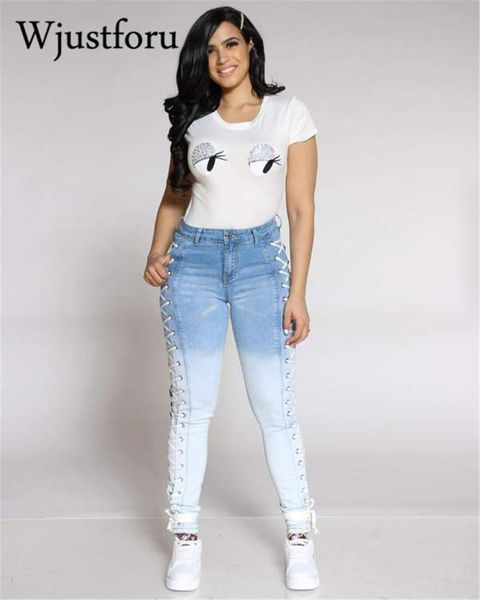 

wjustforu winter fashion bandage woman jeans stretch denimÂ pencil pants casual high waist patchwork gradient trousers women's, Blue