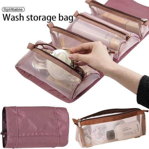 

storage bags women's cosmetic bag foldable travel organizer hanging nylon mesh separable toiletry pouch rope makeup kosmetyczka