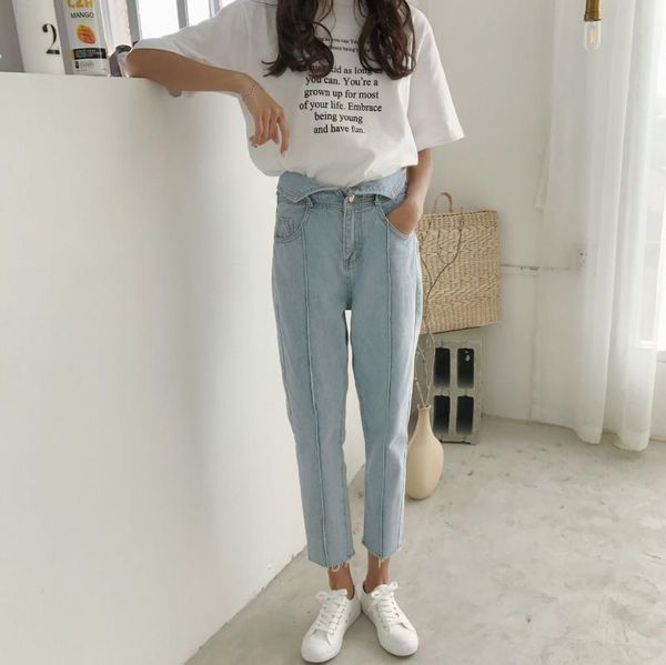 

vintage cuffs straight womens jeans casual high waisted korean denim cotton feminino women's, Blue