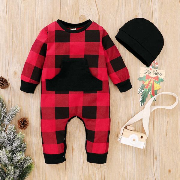 2-teiliges Baby-Weihnachtsstrampler-Pyjama-Set, Junge, Mädchen, rote Karos, Langarm-Body, Vordertasche, O-Ausschnitt, mit Mütze, Outfit-Set G1023