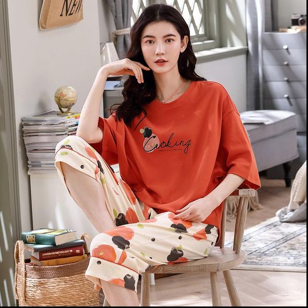 

100% cotton pajamas set home women sleepwear wear short sleeve casual pajama female loose loungewear xxl xxxl 4xl, Black;red