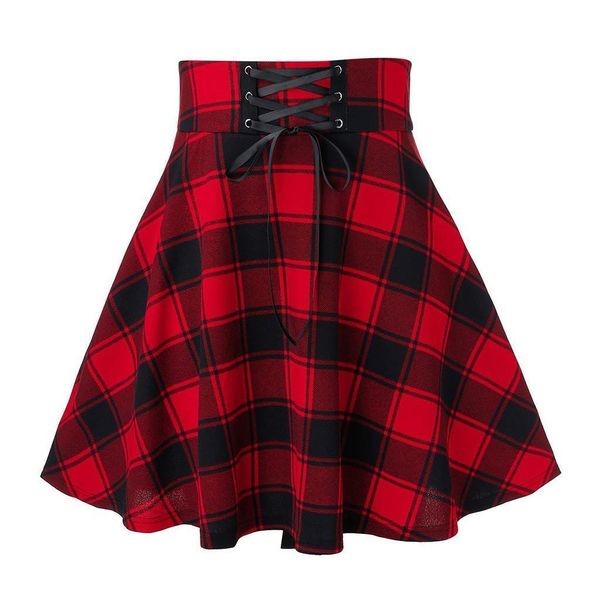 

gothic punk harajuku plaid womens skirt print lace up hip hop winter casual green grey red pleated woolen skater, Black