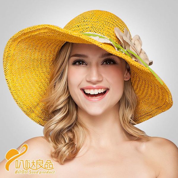 

fashion colorful wormwood big flower lace straw hat ladies summer sun sunscreen cap beach hats wide brim, Blue;gray