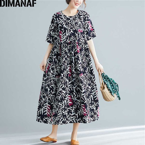 

plus size women dress vintage summer sundress big cotton female vestidos loose casual print leaves lady 210531, Black;gray