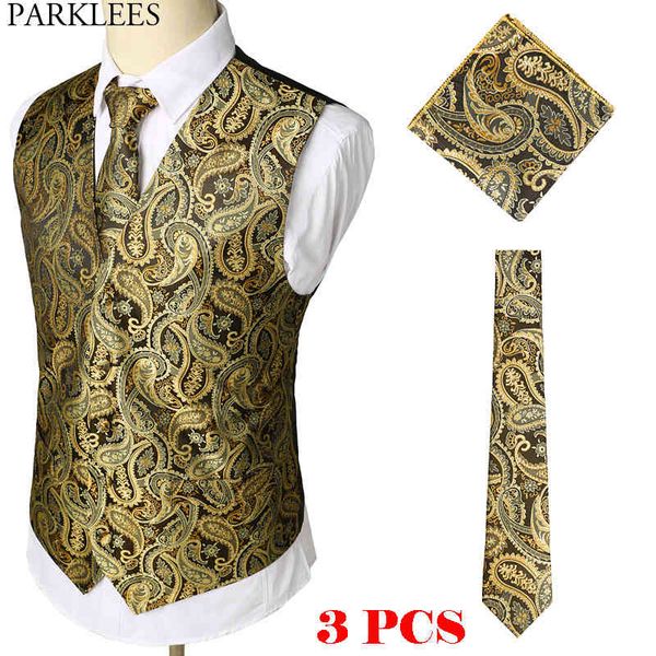 Gold Paisley Floral Jacquard 3 stücke Weste + Krawatte + Taschentuch Set Marke Slim Fit Business Hochzeit Ärmellose Weste Männer Gilet Homme 210522