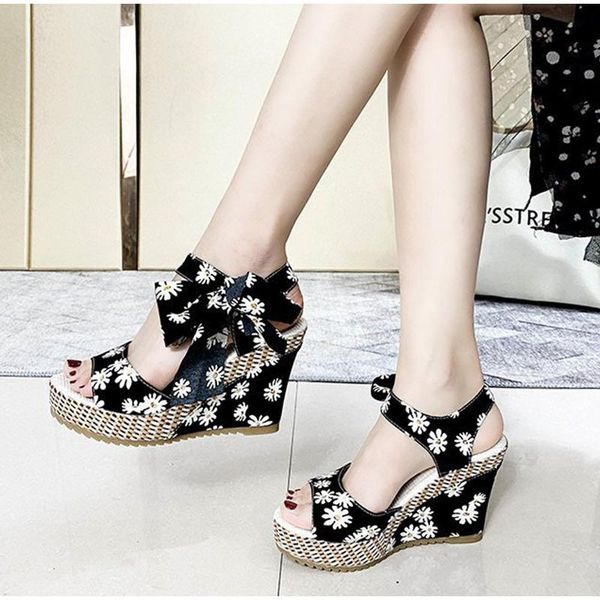 

2021 women sandals wedge elegant big bowtie peep lace up ladies casual soft pu leather female shoes 1, Black