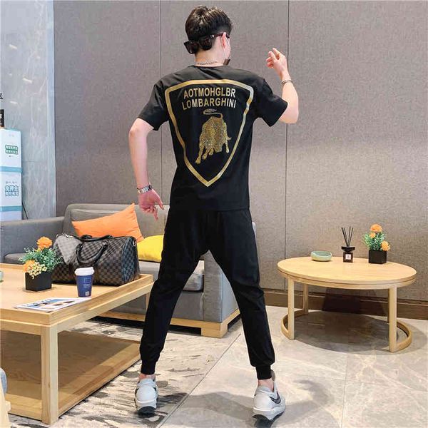 

hoodies summer drill around the neck skinny two versatile fashion pieces youth short male suit, Black