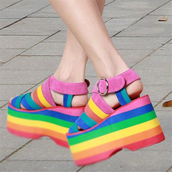 

fashion summer beach sandal woman colorful rainbow platform shoes ladies casual gladiator sandals mujer wedg, Black