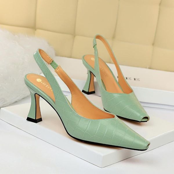 

dress shoes 2021 women summer 8cm high heels sandles square toe slingback green yellow leather korean designer prom pumps, Black