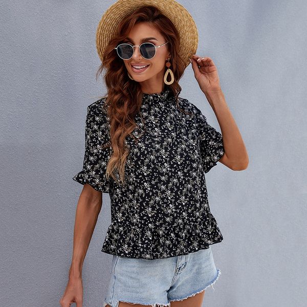 

french bubble sleeve floral short short short sleeve shirt women's thin 2021 summer new ruffle women's fashion, White