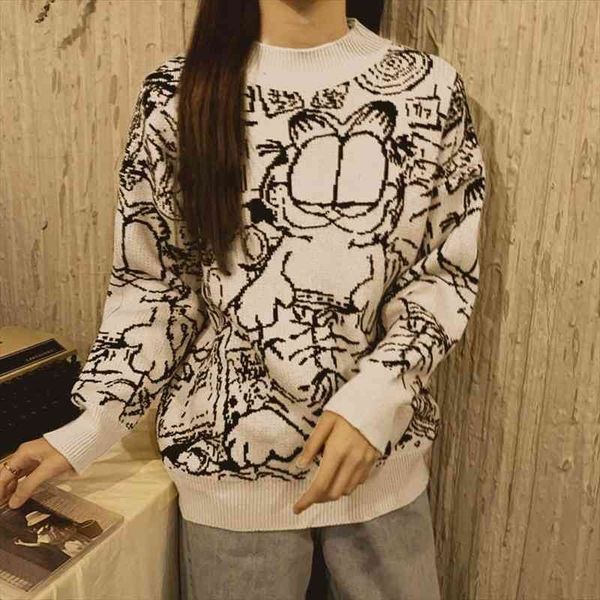 

sevimli kazak kadnlar k kore tarz streetwear rahat karikatr kedi baskl uzun kollu rme kazak jumper t434, White;black