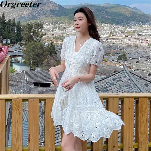 

white drawstring mini dress women's summer v-neck short sleeve ruched lace patchwork hollow out female 210602
