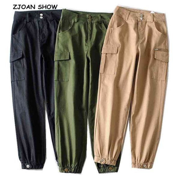 

boyfriend style high waist elastic cuff pockets pants woman street loose trousers long safari casual cargo 210429, Black;white