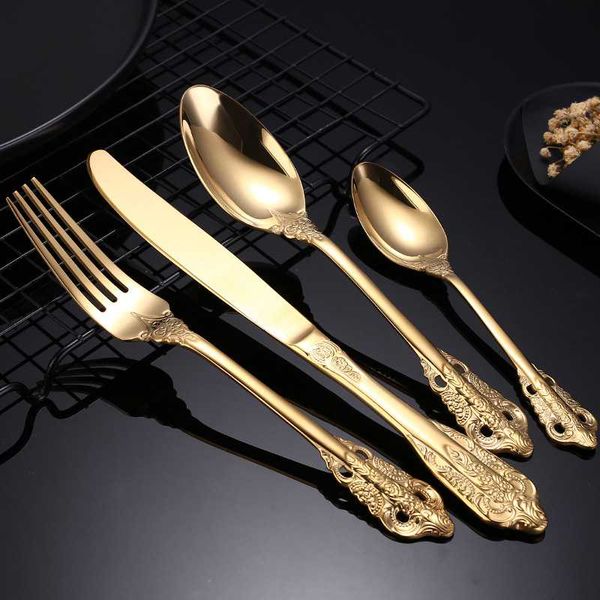 

dinnerware sets gold color european style court tableware knife fork spoon western kitchen utensils stainless steel set