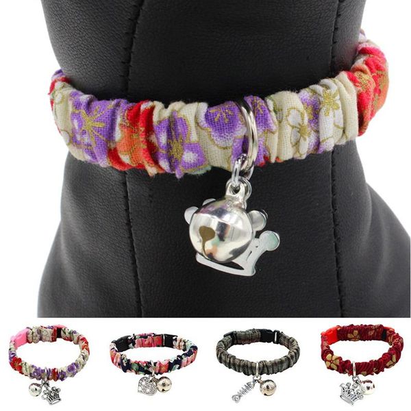 

cat collars & leads pet cloth craft collar for cats and small dogs with wrinkle flowers printed design bells adopting the insert buckle