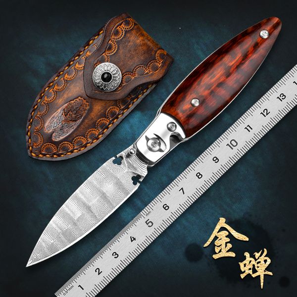 

Gold Cicada Tactical Folding Knife Damascus Steel Snake Wooden Handle Outdoor Survive Knife