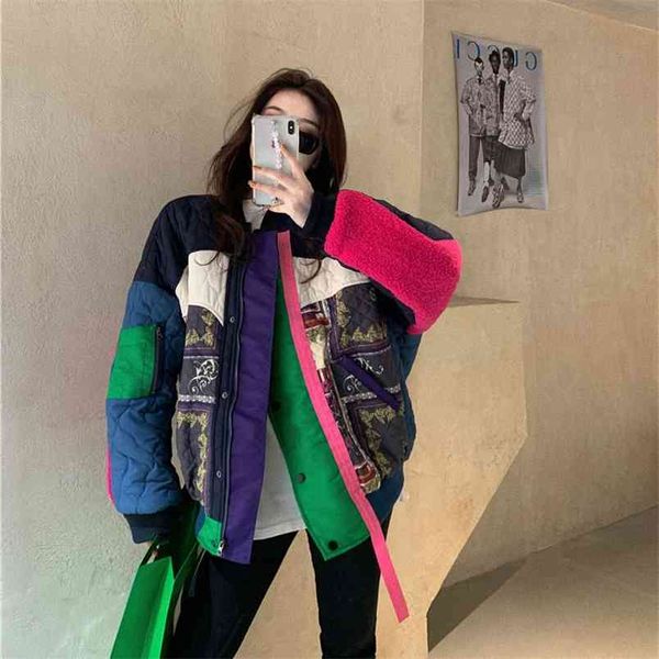 

arrival autumn korea fashion women long sleeve loose vintage jackets thicken warm patchwork design casual coat femme v79 210512, Black;brown