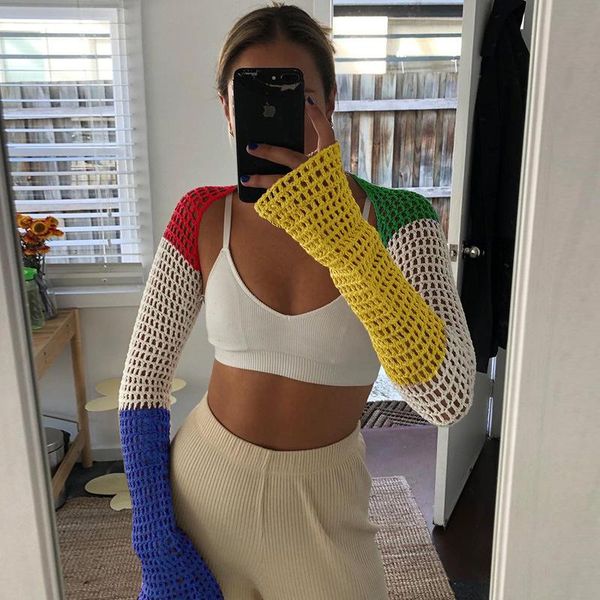 

women's knits & tees hallow out women contrast color crop 2021 ladies restore streetwear, White