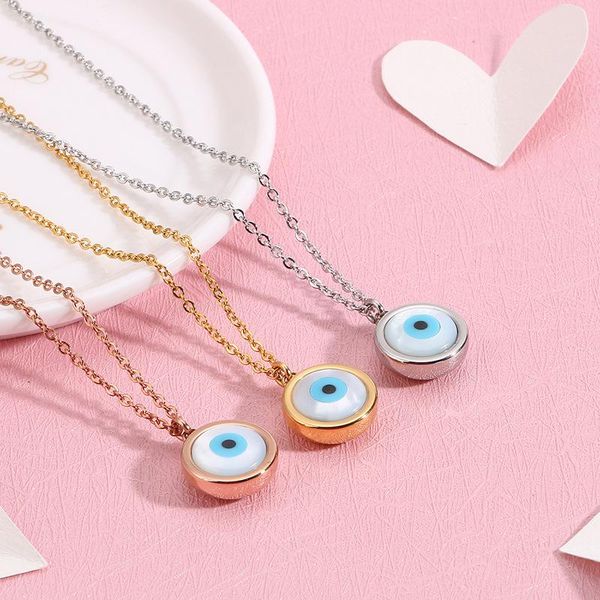 

pendant necklaces korean fashion devil's eye necklace round stainless steel chain for woman girl charm accessories, Silver