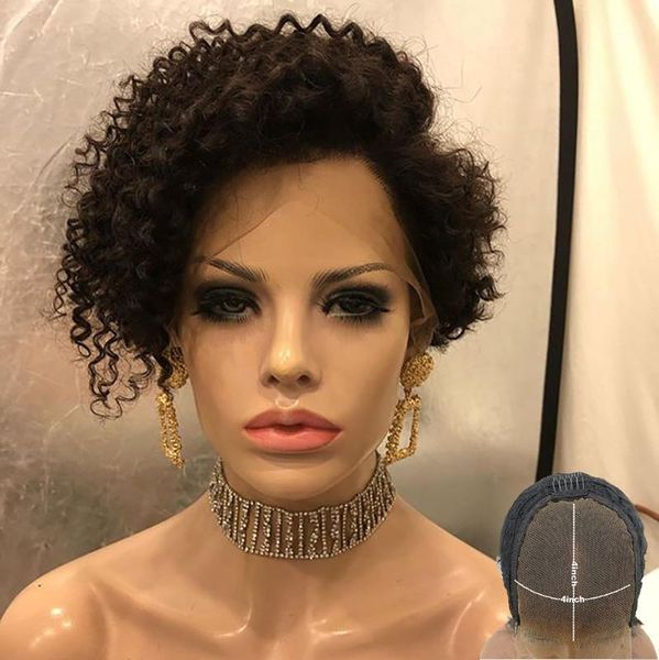 

pixie cut wig short curly bob 4x4 lace closure human hair pre plucked bleached knots remy glueless 150 180density atina1, Black;brown