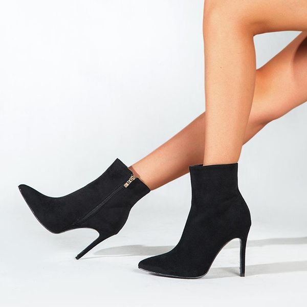 

boots 2021 flock leather pointed toe women ankle autumn winter ladies shoes zip stiletto high heels booties female pumps, Black