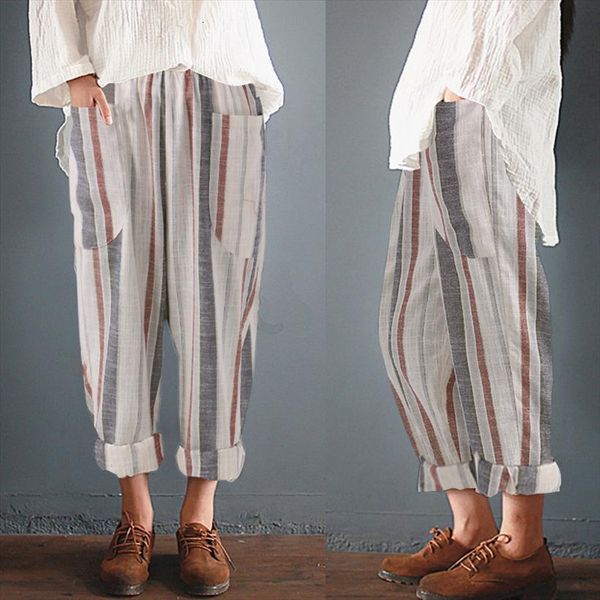 

cotton linen ankle length summer womens capri casual high waist loose harem stripe pocket trousers, Black;white
