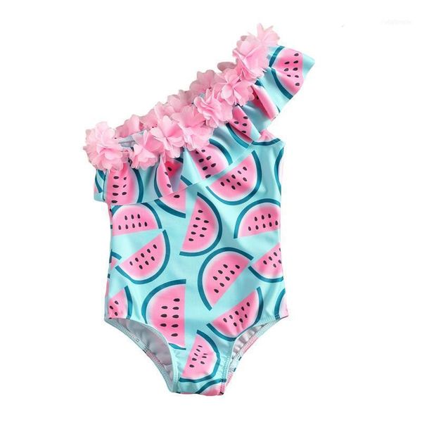 

kid's swimsuit, children's flower sunflower watermelon pineapple printing oblique shoulder ruffled collar swimming romper1, Black