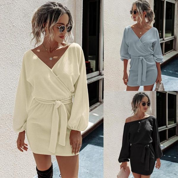 

autumn winter dresses ladies solid slim women clothes long sleeve sashes casual dress female lantern knitting mini, Black;gray