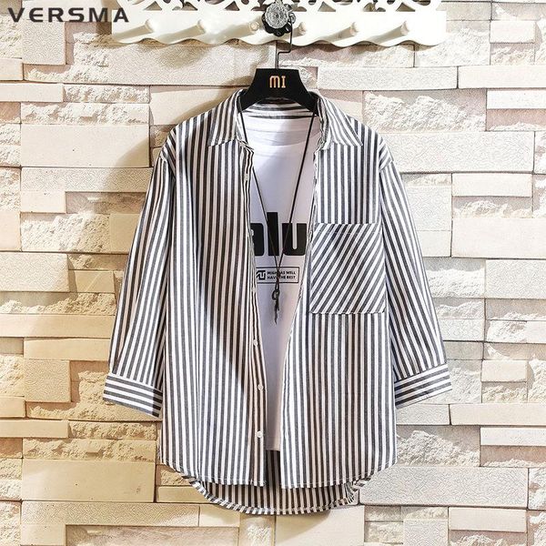 

men's casual shirts versma japanese harajuku kpop three quarter sleeve shirt men summer hip hop streetwear striped women 5xl drop, White;black