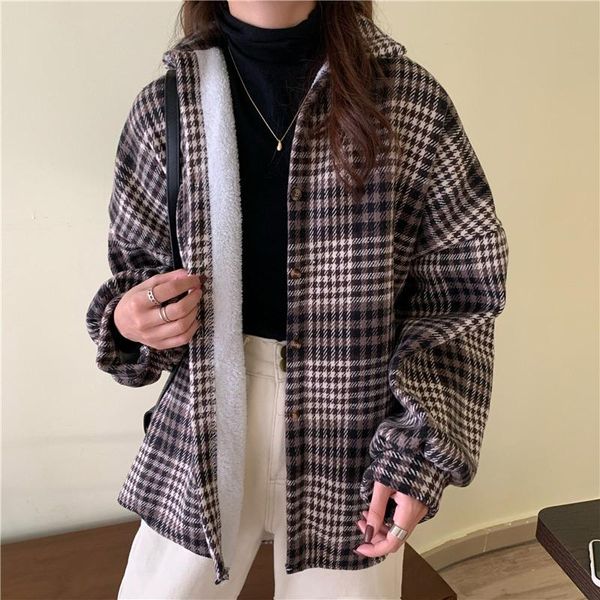 

women's jackets fashion 2021 style korean design sense niche single-breasted plaid loose thick plus fluffy coat women, Black;brown