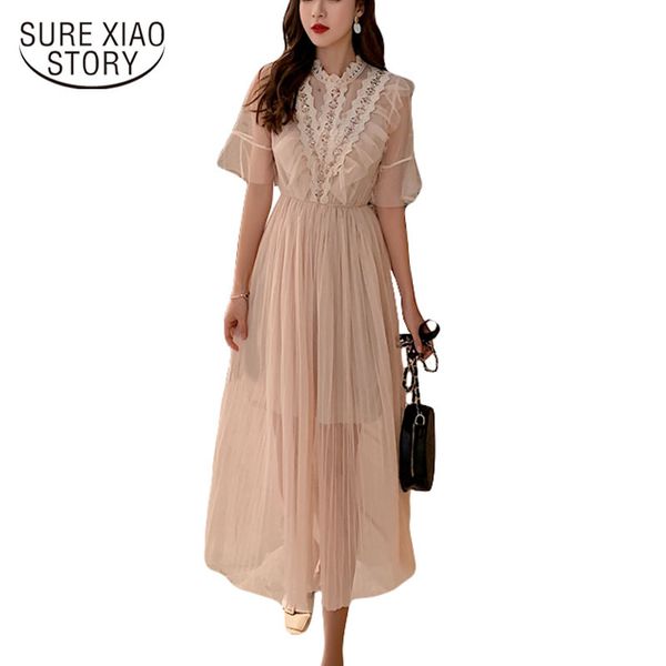 

bohemian white pink short sleeve mesh lace midi dress summer casual loose elegant solid quality lady 4963 50 210510, Black;gray